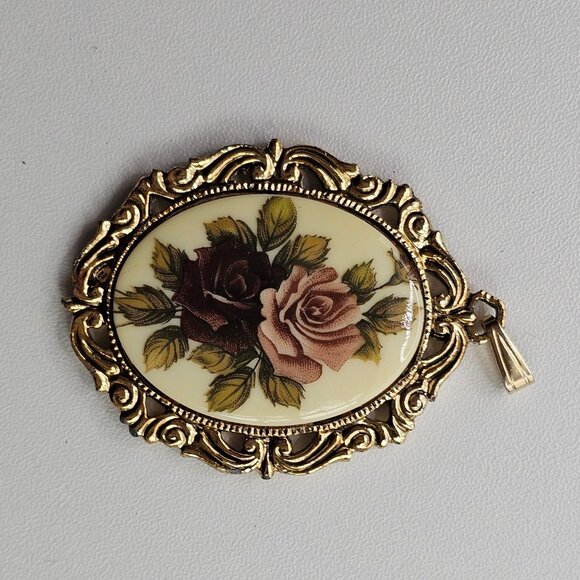 VTG Necklace Pendant Floral Cameo Mirror Backed Gold Tone Frame Antique Revival - Picture 6 of 10